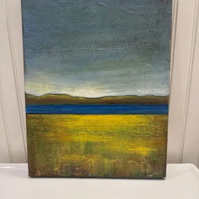 Original abstract landscape acrylic painting on textured wrapped canvas, featuring a vibrant yellow field, blue water line, and muted...