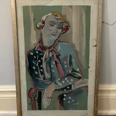Framed mid-century portrait painting of a seated woman, signed "Mayo" in the lower right, housed in a distressed silver-tone...