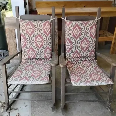 Pair of Wooden Rocking Chairs with Patterned Cushions – 2 Pieces