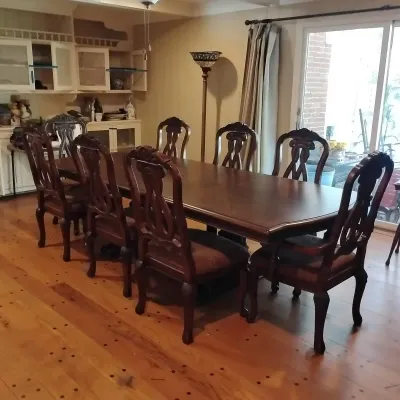 Ornate Wood Pedestal Dining Table with 8 Upholstered Chairs & 2 Extension Leaves