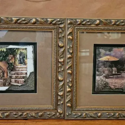 Pair of Framed Tuscan Garden & Courtyard Prints – Ornate Gold Frames