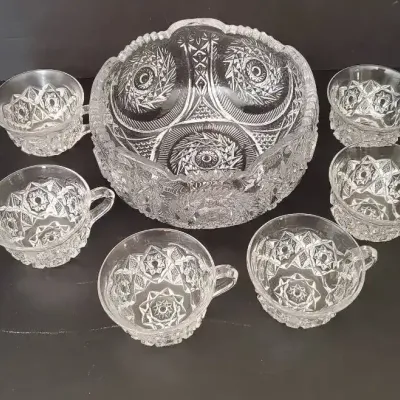 7-Piece Vintage Cut Glass Punch Bowl Set with 6 Cups