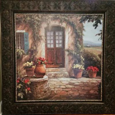 Large Framed Tuscan Courtyard Floral Artwork – Ornate Decorative Frame