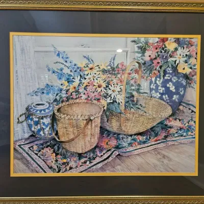 Large Framed Floral Still Life Print – Wicker Baskets & Flowers