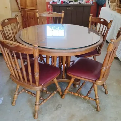 Round Wood Pedestal Dining Table with Removable Glass Top & 4 Spindle Back Chairs