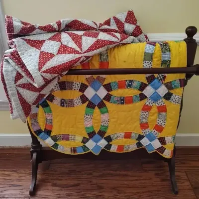 Wooden Quilt Rack with 2 Vintage Patchwork Quilts