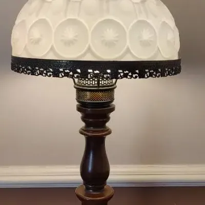 Vintage Milk Glass Hurricane Table Lamp with Ornate Brass-Tone Trim