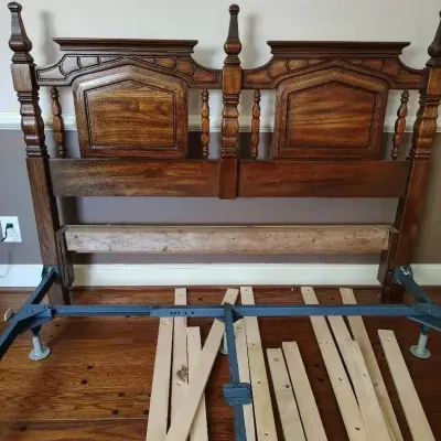 Vintage Ornate Wood Headboard with Metal Bed Rails