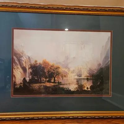 Large Framed Mountain Landscape Print with Ornate Gold Frame