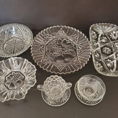 9-Piece Vintage Etched & Pressed Glass Serving Collection – Fruit & Floral Patterns