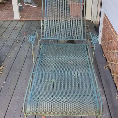 Vintage Wrought-Iron Patio Chaise Lounge with Wheels & Floral Design