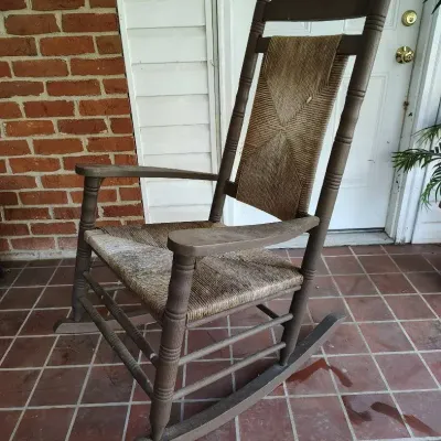 Vintage Wooden Rocking Chair with Woven Rush Seat & Back