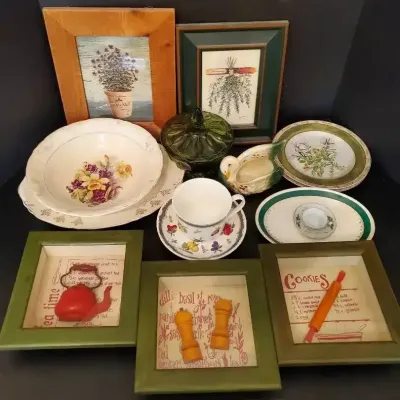 Assorted Vintage China, Glassware & Framed Kitchen Décor Lot