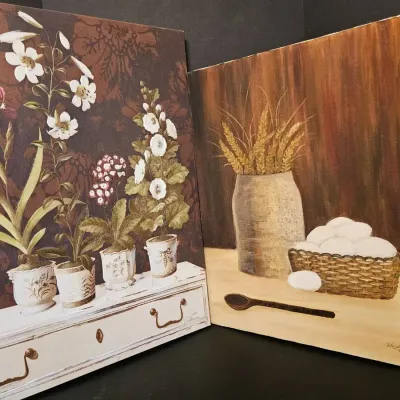 Set of 2 Decorative Canvas Wall Art Prints – Floral & Rustic Farmhouse Still Life