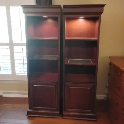 Pair of Lighted Wood Display Cabinets / Bookcases with Storage