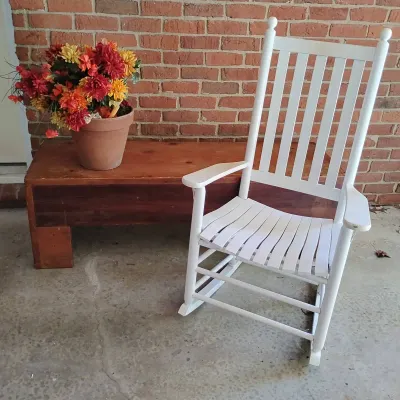 White Wooden Rocking Chair, Rustic Wood Bench & Fall Floral Arrangement