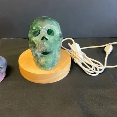 Carved Skull Lamp And Small Carved Stone Skull