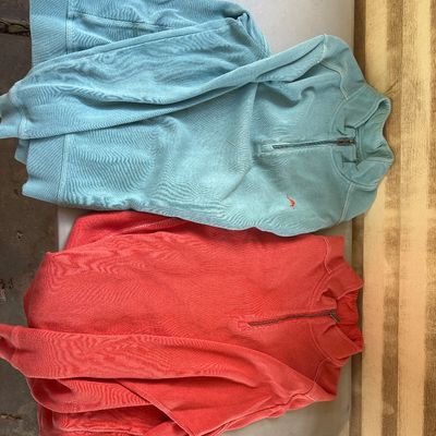 Sale Photo Thumbnail #3: Includes two  quarter-zip long sleeve pullover sweatshirts in light blue/teal and coral pink. Both feature soft textured fabric and zipper closures. Lightly worn condition with no major tears or visible stains.
Size Large