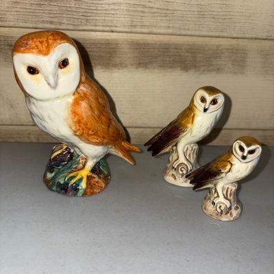 Sale Photo Thumbnail #16: A collection of three ceramic barn owl figurines in varying sizes, each featuring detailed hand-painted features and glazed finishes. The owls are depicted perched on tree stumps and bases. Overall good condition with no visible chips or cracks.
2in on sm