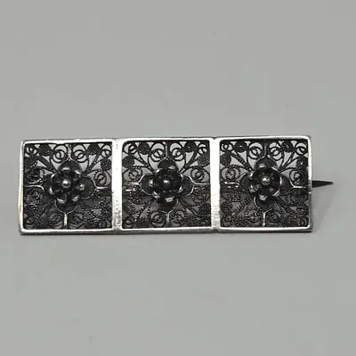 Antique Silver Filigree Bar Brooch Pin Square Panels Floral Victorian Revival  Approx. 4.87