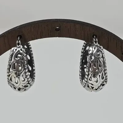 Sterling Silver Filigree 1" Tear Drop Hoop Earrings Approx. 5.37g