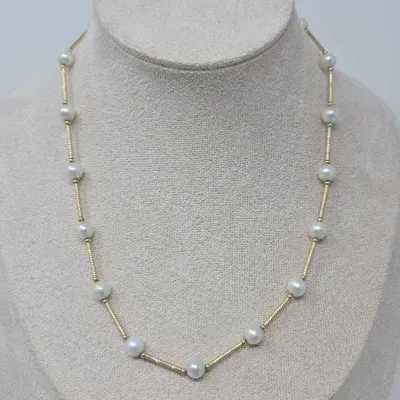 14K Yellow Gold Pearl Station 16" Necklace Approx. 8.77g