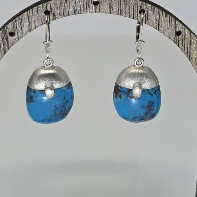 Brushed Sterling Silver And Turquoise Leverback 1.5" Earrings Approx.9.13g