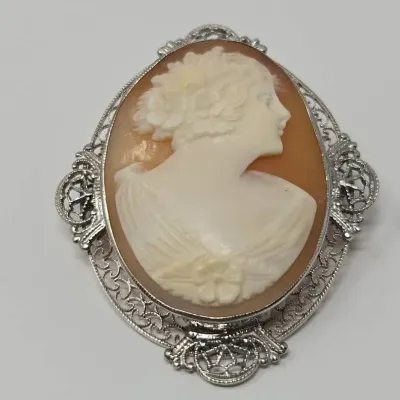 Antique Art Deco 14K White Gold Filigree Shell Pendant/Brooch/Pin 1920's 1.75" Approx. 7.50g