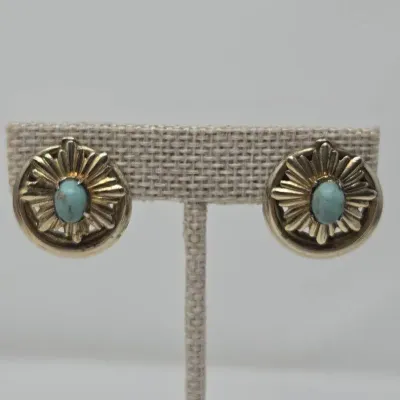 Vintage Sterling Silver Gold Vermeil Turquoise Sunburst Screwback Earrings 1940's Approx. 8.72g
