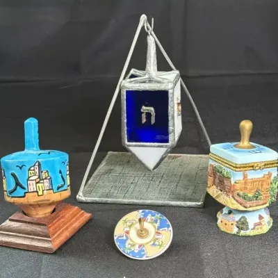 Vintage Unique Hand Painted Dreidel Collection & Mini Spinning Top (4pc)