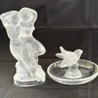 Vintage Lalique Clear Crystal with Frosted Glass Mythical Figurine & Bird Ring Dish (2pc)