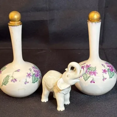 Vintage Porcelain Floral Bottles & Mini Elephant Figurine (3pc)