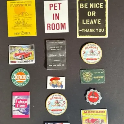 Vintage Magnets (14pc) & Cast Iron Door Stopper (1pc)