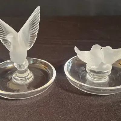 Two Vintage Lalique Crystal Ring Holders (swan and lovebirds)
