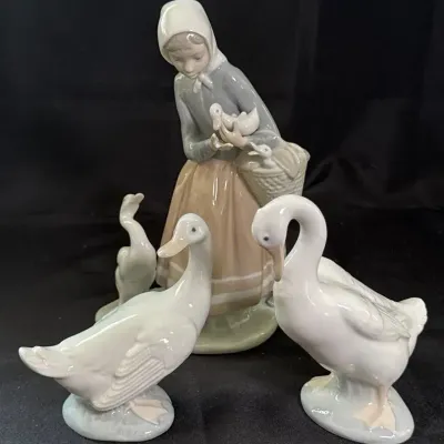 Vintage Lladro Porcelain Figurines - Shepherdess with ducks (3pc) 