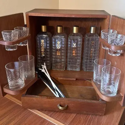 Midcentury Karoff Bar Cabinet with Playboy Stirrers (20pc)