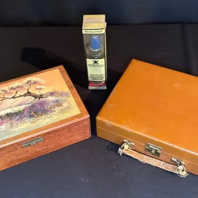 Vintage Cigar Box, Jewelry Box & Ouzounis Liqueur (3pc)