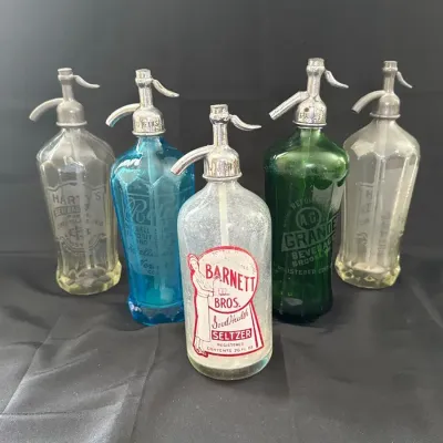 Vintage Glass Seltzer Bottles - Harty’s, Rotella’s, Grande’s & Barnett Bros (5pc)