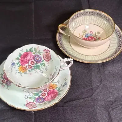 Vintage Paragon & Ivoire de France Sage Floral Teacup Set with Saucers (2pc)