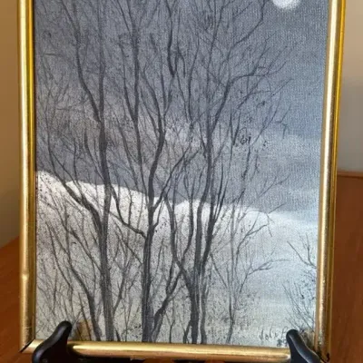 Vintage Grayscale Winter Painting of Bare Trees by John Bosk