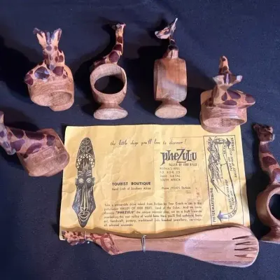 South African Wooden Napkin Ring Set & Pre-Colombian Mexican Statue (9pc)