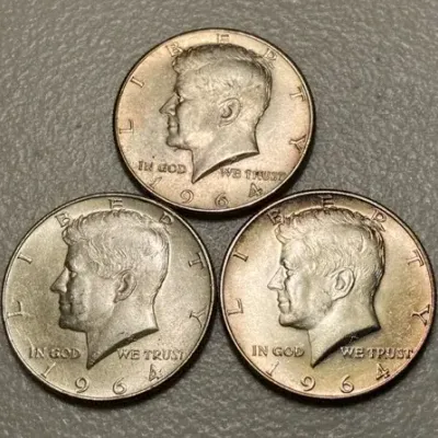 3 Kennedy half dollars 1964 90% silver  