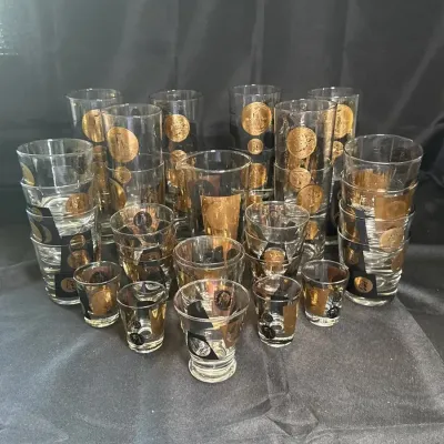 Vintage 1960s Cera Glassware 22k Gold Printed Coin Collection (34pc)