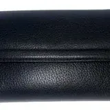 Black textured leather tri-fold wallet with a flap closure, appearing in gently used condition.