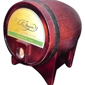 Novelty wooden mini wine barrel dispenser featuring a 2002 Villa Magna Chardonnay label.