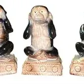 Set of three vintage glazed ceramic 'Three Wise Monkeys' figurines depicting see no evil, hear no evil, and speak no evil,...