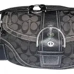 Coach Soho black signature jacquard flap shoulder bag featuring black leather trim, a decorative front buckle detail, and silver-tone...