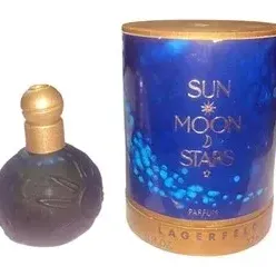 Karl Lagerfeld Sun Moon Stars parfum bottle with original blue and gold cylindrical box, 1.0 fl oz size.