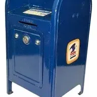 Vintage blue metal USPS collection box coin bank featuring the classic eagle logo.