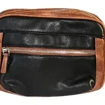 Two-tone black and brown leather or faux-leather camera bag style purse with silver-tone zippered compartments.